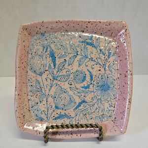 Studio Art Floral Pink and Blue Ceramic Trinket/Plate/Dish 5 3/4"X5 1/2"